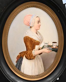 German Painting on Porcelain Plaque, of a young woman, plaque height 6 5/8 inches. Provenance: Estate of Florence Yannios, Cheshire, CT.