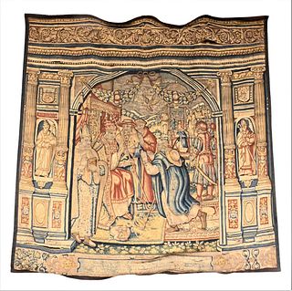 19th Century Continental Textile, depicting religious figures in house of worship, 6' 9" x 6' 9".