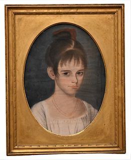 Unknown Artist, primitive portrait of a young girl, pastel on paper, American, 12 1/4" x 17". Provenance: Christie's Sale 6400, Lot 75. Collection of 