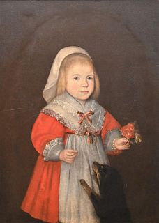 Unknown Artist, primitive child in red dress holding a rose, oil on canvas, in period frame, 23 1/2" x 32". Provenance: Collection of Sascha Rockefell