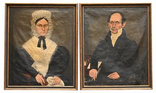 Pair of Primitive Portrait Paintings, to include a man holding a feather pen; along with a woman wearing a bonnet; oils on canvas, unsigned, 33 1/2" x