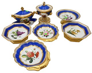 Seven Piece French Porcelain Lot, having heavy gold trim, to include three compotes, two covered dishes, two shell shaped dishes; all with various han