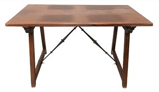 Italian Baroque Walnut Slab Top Table, on plain base, having wrought iron stretcher, height 29 inches, top 34 1/2" x 57".