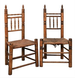 Two Oak Carver Type Side Chairs, having ring turned uprights and legs, along with three spindle backs, New England, height 39 inches, seat height 16 i