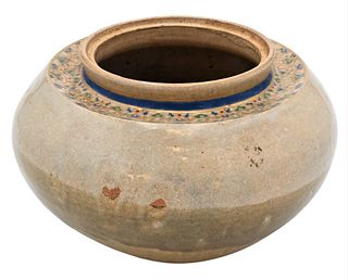 Japanese Satsuma Jar/Bowl, 19th century, Meiji period, compressed shape and decorated only around the neck with Arts & Craft style band, possibly miss