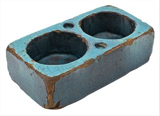 Chinese Stoneware Double Container, Ming Dynasty (or older), possibly a brush washer, the rectangular shape covered with a jun yao-like glaze, length 