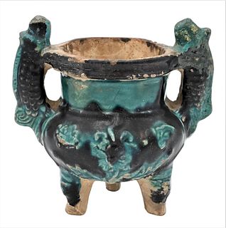 Small Fahua Tripod Censer, Ming Dynasty, having carp handles, height 5 inches.