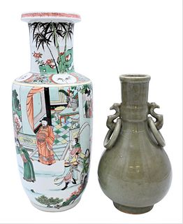 Two Chinese Vases, to include a Longquan celadon vase, 19th century (or older), having a pear-shaped body, covered evenly with an olive green glaze 