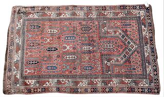 Caucasian Oriental Prayer Rug, 3' x 5', worn and cut. Provenance: Estate of Florence Yannios, Waterfront Home, Guilford, CT.
