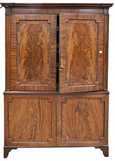 George III Mahogany Linen Press, in two parts, upper section with recessed panel doors, opening to fitted drawers on lower section, having two doors o