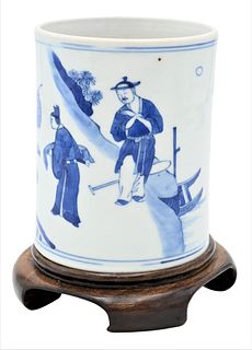 Small Chinese Blue and White Brush Pot, 19th century, painted with underglaze blue figures, wood base, height 6 inches.