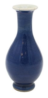 Small Chinese Porcelain Blue Glazed Vase, pear shape with flared rim, (two repairs to top lip), height 6 1/2 inches. Provenance: Estate of Wallace Bra