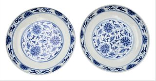 Pair of Blue and White Porcelain Dishes, having painted wildflowers and scrolling vines, diameter 6 1/2 inches.