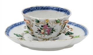 Chinese Export Tea Cup and Saucer, saucer length 5 inches, minor roughness. Provenance: Estate of Wallace Bradway, New Haven, CT.