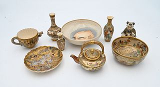 Nine Piece Satsuma Lot, to include tea cup, saucer, three small cabinet vases, along with a small bowl, tallest 3 3/4 inches