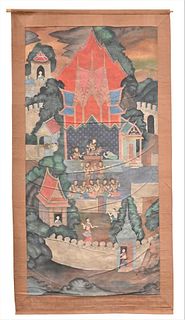 Tibetan Scroll, mounted on linen, depicting village and house of worship, image size 73" x 43".