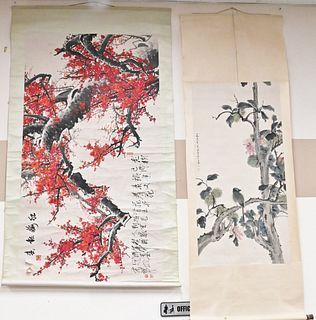 Two Chinese Hand Painted Scrolls, both watercolors, one depicting birds on a branch, 49" x 25"; along with another of a horizontal blossoming tree, 66