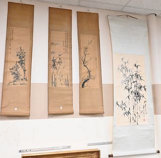 Four Chinese Scrolls, to include a set of three depicting blossoming flowers, along with a larger scroll depicting a tree, all with characters and sea