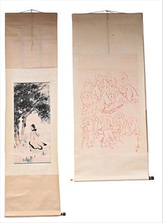 Three Chinese Scrolls, watercolors, to include one of scholars, image size 37" x 12"; one of figures kneeling at a tree, 30" x 13"; along with scholar