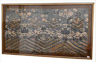 Chinese Embroidered Dragon Textile From Robe, framed and made into a panel having five claw dragons amongst flaming clouds over crashing wave design 3