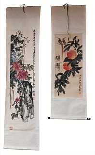 Two Chinese Hand Painted Scrolls, both watercolors of fruit and flowers, each signed with seals; 86" x 21 3/4" and 67" x 21".