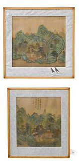Pair of Chinese Paintings on Silk, mountainous landscapes with figures, 13 3/4" x 12 1/2". Provenance: Estate of Wallace Bradway, New Haven, CT.