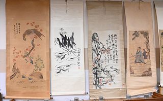 Five Chinese Hand Painted Scrolls, to include two depicting scholars, one with scrolling flowers, one with dragonflies, one with rooster and tropical 