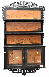 Japanese Black Lacquered Hanging Shelf, chinoiserie decorated, height 44 inches, width 26 inches. Provenance: The Estate of Ed Brenner, Short Hills, N