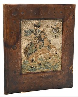 Leather Folio Binder, having leather insert, embroidered with Chinese figure on horseback, 11 1/2" x 14 1/4".