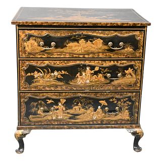 George IV Chinoiserie Decorated Three Drawer Chest, on cabriole legs, decorated with landscape and figures, some in raised relief, 19th century, heigh