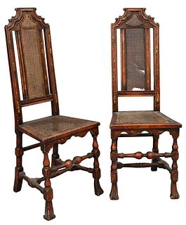 Pair of William & Mary Style Side Chairs, having cane seats and backs, chinoiserie decoration, late 19th/early 20th century, height 47 inches, seat he