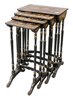 Chinese Nest of Four Tables, on paw feet with chinoiserie tops, largest height 28 3/4 inches, top 12" x 19 3/4". Provenance: Collection of Sascha Rock