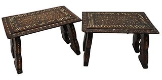 Pair of Persian Inlaid Stools, having geometric inlays, height 8 inches, top 7 3/4" x 12".