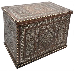 Persian Inlaid Drop Front Desk, having mixed wood and bone inlays, drop front opening to fitted drawer interior, height 11 3/4 inches, top 10 1/2" x 1