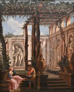 Italian School, 18th century, Vertumnus and Pomona, oil on canvas, 19 3/8" x 15". Provenance: Ex coll: Gianni Versace, Villa Fontanelle, Lake Como, It