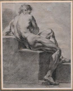 Artist Unknown, French School, 19th century, seated male nude facing right, charcoal on paper, sight size 14 5/8 " x 11 3//4", unsigned. Provenance: P