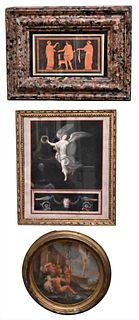 Group of Three Framed Pieces, to include a round oil on board of four partially clad male figures; a Greek engraving; along with a mixed media allegor