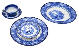 Collection of Mostly Flow Blue, blue and white porcelain to include Staffordshire; Ironstone; Blue Willow; platters, plates, cups and saucers, etc.
