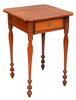 Federal Cherry One Drawer Stand, having birdseye maple drawer front, on turned legs, New England, circa 1830, 26 1/2" x 18 1/2" x 17". Provenance: Mar