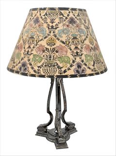 Pairpoint Table Lamp, having silver plated base with glass shade painted with urn and flowers, height 22 inches, shade diameter 15 3/4 inches.