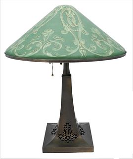 Arts & Crafts Table Lamp, having green dome shade with gold decoration on square brass base, height 19 inches, shade diameter 16 inches.