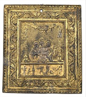 Italian Gilt Bronze Plaquette, Saint Sebastian figures at an alter, 16th/17th century, heights 4 1/4 and 3 3/4 inches. Provenance: Estate of Wallace B