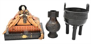 Three Piece Chinese Group, to include bronze three footed censor having loop handles, a small bronze vase with molded sides, small figure and coins, c