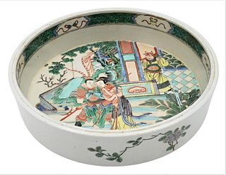 Chinese Famille Verte Porcelain Dish, having painted figures in a courtyard, six character marks on bottom, height 2 1/2 inches, diameter 11 inches.