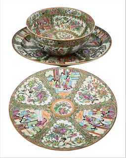 Rose Medallion Three Piece Lot, to include a punch bowl, diameter 11 1/2 inches; round platter; along with a deep oval platter, 17 1/2 inches. Provena