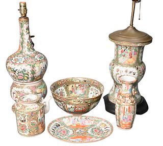 Six Piece Group of Chinese Rose Medallion Porcelain, to include a double gourd vase; beaker vase made into table lamps; small vase; oval tray; teapot;