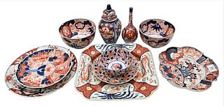 10 Piece Imari Porcelain Group, to include serving trays, bowls, vase and a covered urn; tallest 8 inches.