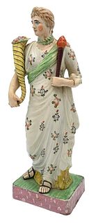 Staffordshire Figure with Cornucopia, 19th century, arm with old repair, piece of cloth off but available, height 18 inches.