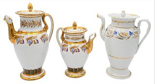 Three French Porcelain Pots, to include two having gilt decoration and animal spouts, one unmatching, one cover with hairline, one small chip inside c
