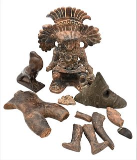 Group of Figures, to include pre-Columbian style figure holding a decapitated head; a pottery bird sculpture (repaired), a broken figure of a man, alo